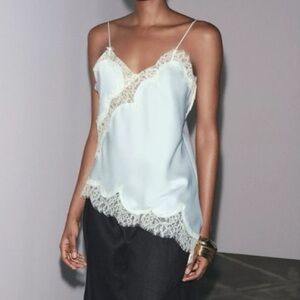 Zara Silky Lace Trim Cami Top - Light Blue